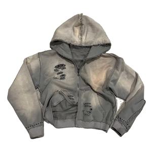 Sweat à capuche pour hommes 500GSM Heavyweight Terry Acid Wash Double Zipper Rhinestone Distressed Rip Brodé Nouveau Style Zipper Hoodies - Product Image 1