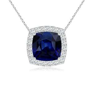 Colgante de Zafiro Azul Natural de 7MM con Corte Cojín y Halo de Diamantes, Inspirado en lo Vintage, de Alta Calidad, en Oro de 14K, Joyería Fina Hecha a Mano - Product Image 1