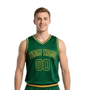 Conjunto de camiseta y pantalones cortos de baloncesto para hombre, con ribete en contraste, sin mangas, cuello en V, que absorbe la humedad, transpirable, uniforme con nombre y número personalizados - Product Image 3