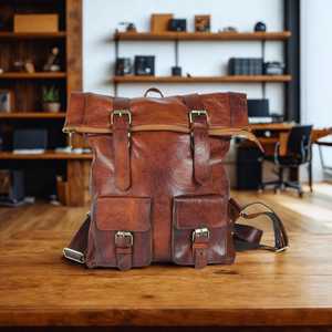 Sac à dos antivol en cuir à fermeture roll-top avec bretelles réglables, toile imperméable, fermeture éclair, écologique, pour l'été et les activités de plein air - Product Image 5
