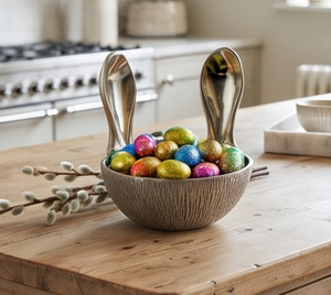 Bol décoratif moderne en métal avec poignées en forme d'oreilles de lapin, design poli fait main, pour la vaisselle, cadeau, accent élégant pour la table - Product Image 5