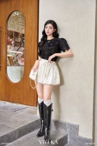 <b>Women's</b> Black Floral Lace Short Sleeve Blouse with <b>Mesh</b> Lining Scalloped Hem Elegant Lace <b>Top</b> Casual Style ASTORIE - Product Image 2