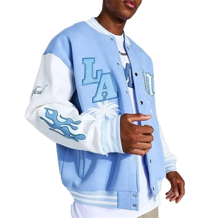 Синяя бейсбольная куртка-бомбер с вышитым логотипом, кожаные рукава, летняя куртка для мужчин