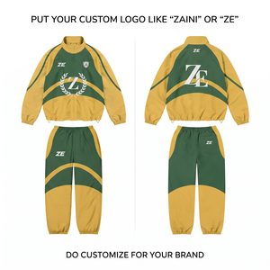 Ensemble survêtement coupe-vent respirant en polyester tricoté 100 GSM de qualité supérieure, vert et or avec empiècements contrastants, à capuche, personnalisable avec logo - Product Image 1