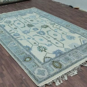 Alfombra Antideslizante de Lana y Algodón Tejida a Mano, Diseño Abstracto, Pelo Corto y Fino, Color Verde Pastel Oushak, para Sala de Estar - Product Image 1