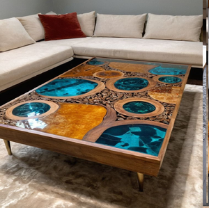Luxury ocean blue resin <b>top</b> coffee <b>table</b> with golden <b>wooden</b> base design, for luxury home decors available at wholesale prices - Product Image 2