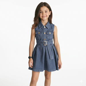 ชุดเดรสยีนส์เด็กผู้หญิงแขนกุดสีน้ำเงิน พร้อมเข็มขัด ชุดเดรสยีนส์ทรงเอแบบลำลองติดกระดุมด้านหน้าสำหรับเด็กผู้หญิง - Product Image 1