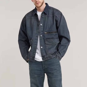 Dark navy <b>denim</b> <b>jacket</b> for men casual <b>custom</b> outerwear button up breathable seamless fashion coat gym sport workout streetwear - Product Image 1