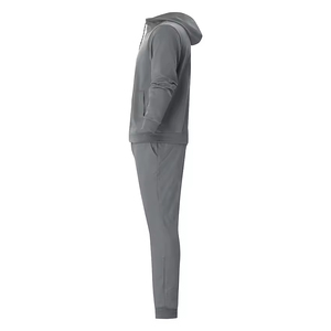Men's Gray Full-<b>Zip</b> <b>Hooded</b> Tracksuit Set Solid Color Polyester Casual Jogging Suit With Side Pockets Autumn Wear - Product Image 4