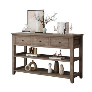 Consolle grigia con 3 cassetti e 2 ripiani aperti, gambe in legno di pino e rovere, per ingresso appartamento, mobile da divano per l'arredamento della casa - Product Image 4