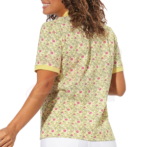 Polo pour femme à imprimé floral, coupe classique, respirant, manches courtes, jaune rose, décontracté, tissé, 100% coton - Product Image 2
