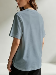 Camiseta de Manga Corta para Mujer, Cuello Redondo, Corte Holgado, Color Sólido, Informal, Básica, 100% Algodón Jersey, para Todas las Temporadas - Product Image 2