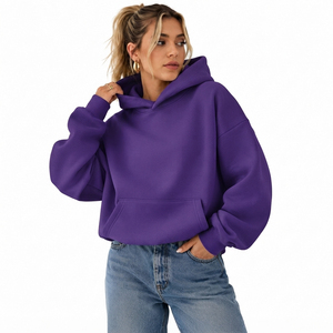 Sweat-shirt à capuche surdimensionné pour femme, couleur unie, 100% coton molletonné, longueur normale, avec poches, style automne - Product Image 3