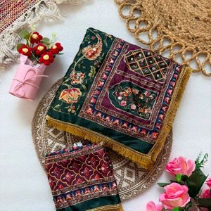 Soft Pure Marshmallow Shiny Chinnon Silk Saree with Designer Ajrakh Print <b>Aari</b> Zari And Real Mirror <b>Work</b> - Product Image 1