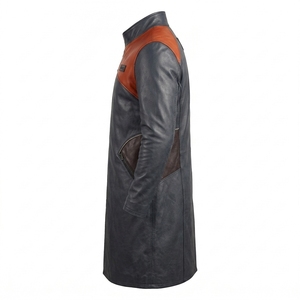 Manteau trench bleu marine pour homme en cuir véritable, avec encolure asymétrique personnalisée, fermeture éclair frontale, col montant, long, fabricant B2B - Product Image 4