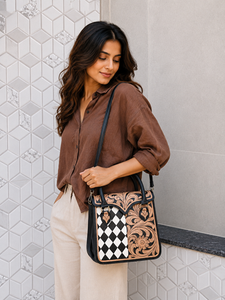Sac à main en cuir à carreaux fait main, sac à bandoulière de style western, nouvelle arrivée, sacs élégants de style western, sacs de luxe les plus tendances - Product Image 1
