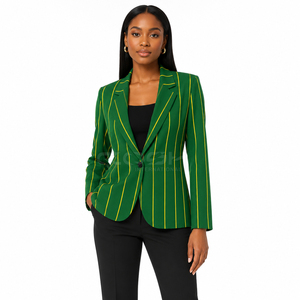Blazer vert rayé à manches longues, col cranté, bouton unique, en tissu tissé anti-rides, de la sororité Cosh International. - Product Image 1