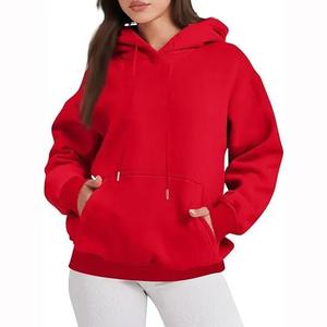 Womens <b>Red</b> Hooded Sweatshirt 100% Cotton Knitted Casual Pullover With Kangaroo Pocket Full Sleeve Autumn Wear - Product Image 1