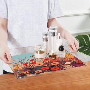 Serving Tray with Handles <b>Clear</b> Acrylic Tray Decorative Rectangular Tray for Ottoman Coffee <b>Table</b> Bathroom Autumn Poppy Flowers - Product Image 2