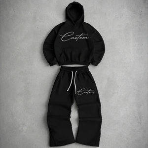 Conjunto de Chándal de Alta Calidad con Efecto Desgastado por el Sol, Personalizado, con Hombros Caídos, Sudadera Corta con Cordón y Pantalones Acampanados con Lavado Ácido - Product Image 1