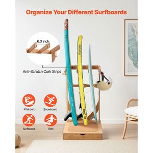 Porta Tavole da Surf Verticale a 3 Livelli in Legno, Espositore Autoportante con Soluzione di Stoccaggio e Appendiabiti - Product Image 1