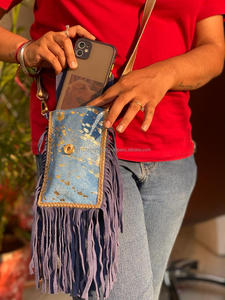 Bolso de piel auténtica hecho a mano con flecos para teléfono móvil, bolso de mano con piel metálica, estilo bohemio - Product Image 6