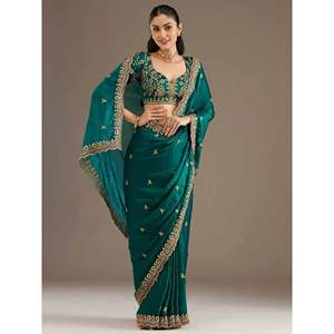 Charming Green Zari Embroidered Silk Reception <b>Saree</b> with Blouse for Women - Product Image 6