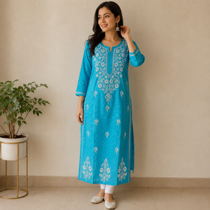 Modern Turquoise Blue Hand Embroidered Lucknowi Chikankari Straight Kurti - Elegant Viscose Ethnic Tunic for <b>Women</b> - Product Image 1
