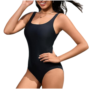Maillot de bain une pièce noir sexy pour femmes, col rond, taille haute, extensible, vêtements de plage - Product Image 1
