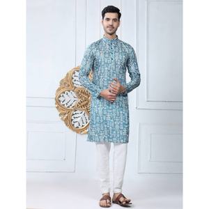 KURTA IMPRESO DE ALGODÓN PURO DE DISEÑADOR CON PAYJAMA AZUL CIELO - Product Image 1