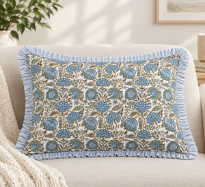 RIDHI Blue <b>Green</b> Floral Ruffle Lumbar Pillow <b>Cover</b> Set Hand Block Print Cotton Customizable Removable Washable Zipper Closure - Product Image 1