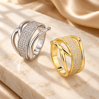 Wide 925 Sterling Silver Zircon Ring with a Clear Pave Center and Sweeping Openwork Side Arms