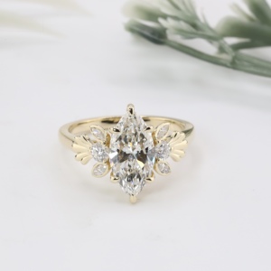 Yellow Gold Marquise Cut Lab Grown Diamond Certified Engagement <b>Ring</b> Classic Art Deco Fan Solitaire <b>Crown</b> Band Fine Jewelry - Product Image 1