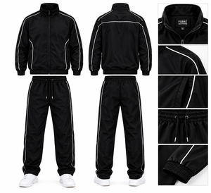 FURAT LEATHERS <b>White</b> Black Solid Men's Windbreaker Tracksuit Set Polyester/Cotton Eco-Friendly Winter <b>2</b>-<b>Piece</b> Casual Breathable - Product Image 1