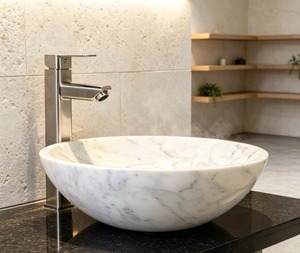 Lavabo RICO GLOBAL rond en marbre, finition blanc poli, à poser, design contemporain, avec trou unique pour robinet - Product Image 1