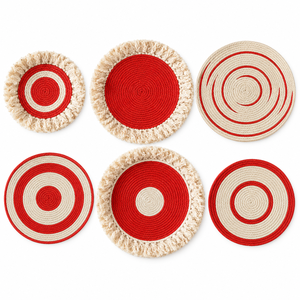 Ensemble de 6 tentures murales rondes modernes en ficelle de lin tissée à la main, motif cercles concentriques rouge et beige, lavables, décoration intérieure pour cuisine - Product Image 2