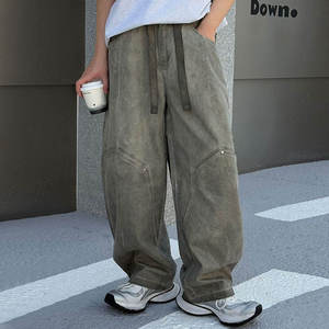 Men's <b>Light</b> Gray Elastic Waist Cargo Pants Multiple Pockets Breathable Canvas <b>Trousers</b> Casual Autumn Wear Drawstring Closure - Product Image 4