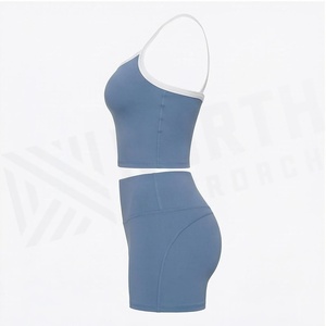 Ensemble de yoga 2 pièces North Approach : Crop top à bretelles croisées et short taille haute, bleu uni, respirant, sans coutures, vêtements de sport - Product Image 3