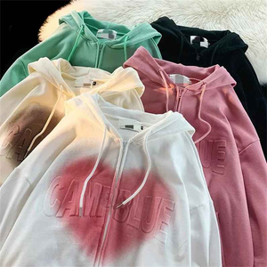 เสื้อฮู้ดซิปโอเวอร์ไซส์พิมพ์ลายหัวใจ ผ้าฝ้ายฟลีซ ยูนิเซ็กส์ สวมใส่สบายๆ ในฤดูใบไม้ร่วง ทรงปกติ ผ้าถัก - Product Image 5