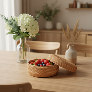 Eco Style Rattan Basket with Lid Handwoven Fruit Serving Basket <b>for</b> Kitchen Dining and Home Decor <b>Storage</b> - Product Image 3
