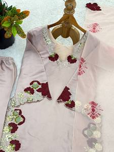 Ramdev Trading Indian <b>Women's</b> Heavy Japan Roman Glass Material Quick Dry Modern Style Embroidery Work <b>Kurta</b>/Kurti Set Wedding - Product Image 6