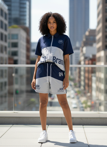 Conjunto Deportivo ADR de Color Block, Tejido Elástico en Cuatro Direcciones, Chaqueta con Cierre Frontal y Manga Larga, Pantalones Cortos con Bolsillos Laterales, Estilo Urbano - Product Image 5