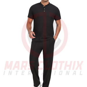 Men's Black Cotton Henley Shirt and Pants Set Regular Fit Breathable Casual Wear Men Summer <b>Tracksuit</b> for Adults - Product Image 2