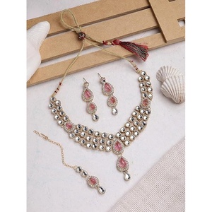 Vintage Gold Plated Necklace Earrings Set With Pink Crystal Rhinestones For Women Wedding Party Fashion Jewelry - Product Image 1