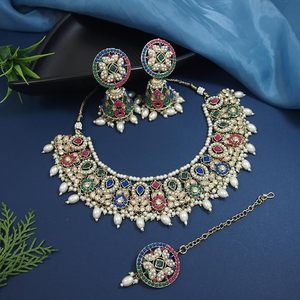 Gold Plated Alloy Kundan Zircon Jewelry Set Necklace Earrings Ring Imitation Pearl Micro <b>Insert</b> Certified Women Wedding Fashion - Product Image 1