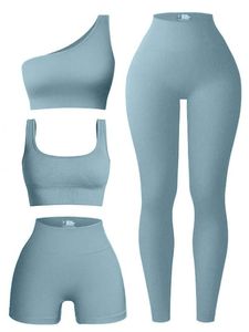 Ensemble de yoga noir 4 pièces : Crop top, short, leggings, soutien-gorge de sport sans couture, taille haute, dos nageur, séchage rapide, respirant, en Spandex et Polyester - Product Image 3