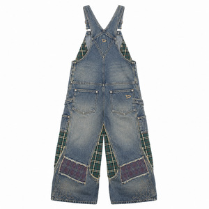 <b>Tartan</b> Check Faded Blue Jean <b>Trousers</b> Slouchy Hip Hop Urbanwear Distressed Overalls With Embroidered Motif - Product Image 3