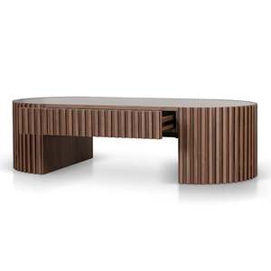 Mesa de Centro Moderna con Base de Madera Acanalada y Pedestal Hecho de Madera de Teca Sólida, Acabado Marrón Oscuro de Alta Calidad para Uso en Interiores - Product Image 2