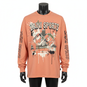 Camiseta gráfica de manga larga para hombre, de algodón grueso de 220 GSM, color naranja melocotón, transpirable, con logo serigrafiado. - Product Image 6