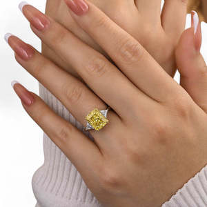 Radiant Cut Yellow Lab Diamond Engagement <b>Ring</b> Trillion Side Stones Two Tone Gold Luxury <b>Statement</b> <b>Ring</b> - Product Image 2